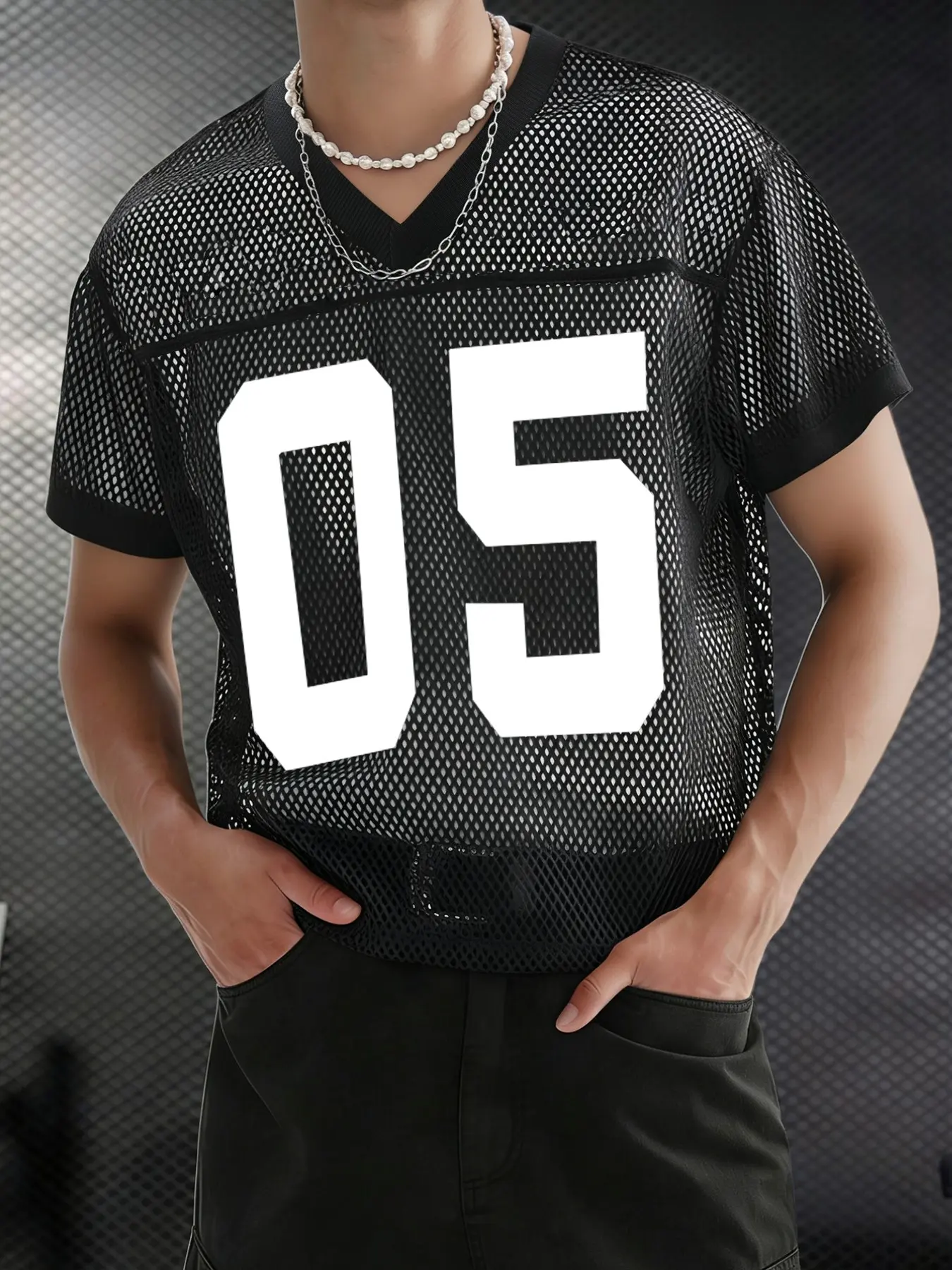 Men's V-Neck Short Sleeve Mesh T-Shirt, Casual Daily Wear, Comfortable Breathable Fabric, Digital Design, Fitted Long Style