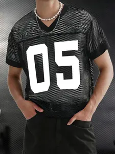 Men's V-Neck Short Sleeve Mesh T-Shirt, Casual Daily Wear, Comfortable Breathable Fabric, Digital Design, Fitted Long Style