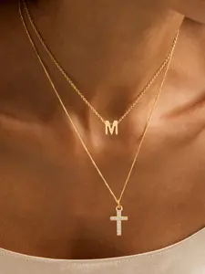 Women's Stainless Steel Necklace Set, Multilayer Cross Necklace, Zirconia Cross Pendant & Multi-Layer Chain Design, Elegant Jewelry Gift for Her