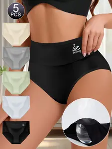 QUASTI 5 Packs High Waisted Solid Elastcity Soft Ladies Breifs,Tummy Control,Mix Colors Breathable Breifs for Womenswear,Compression, Hip-Lifting,Full Coverage Size S-XXL Elastic Style underwear for women
