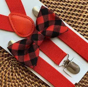 Buffalo Plaid Bow Tie & Red Suspenders Set