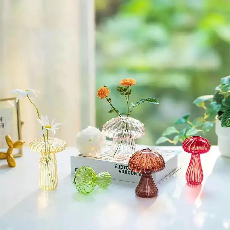 5-Pack Cute Mushroom Glass Vase Set, Mini Ribbed Mushroom Bud Vases, Colorful Aesthetic Tabletop Decor, Fairycore Home Decor for Bedroom and Living Room