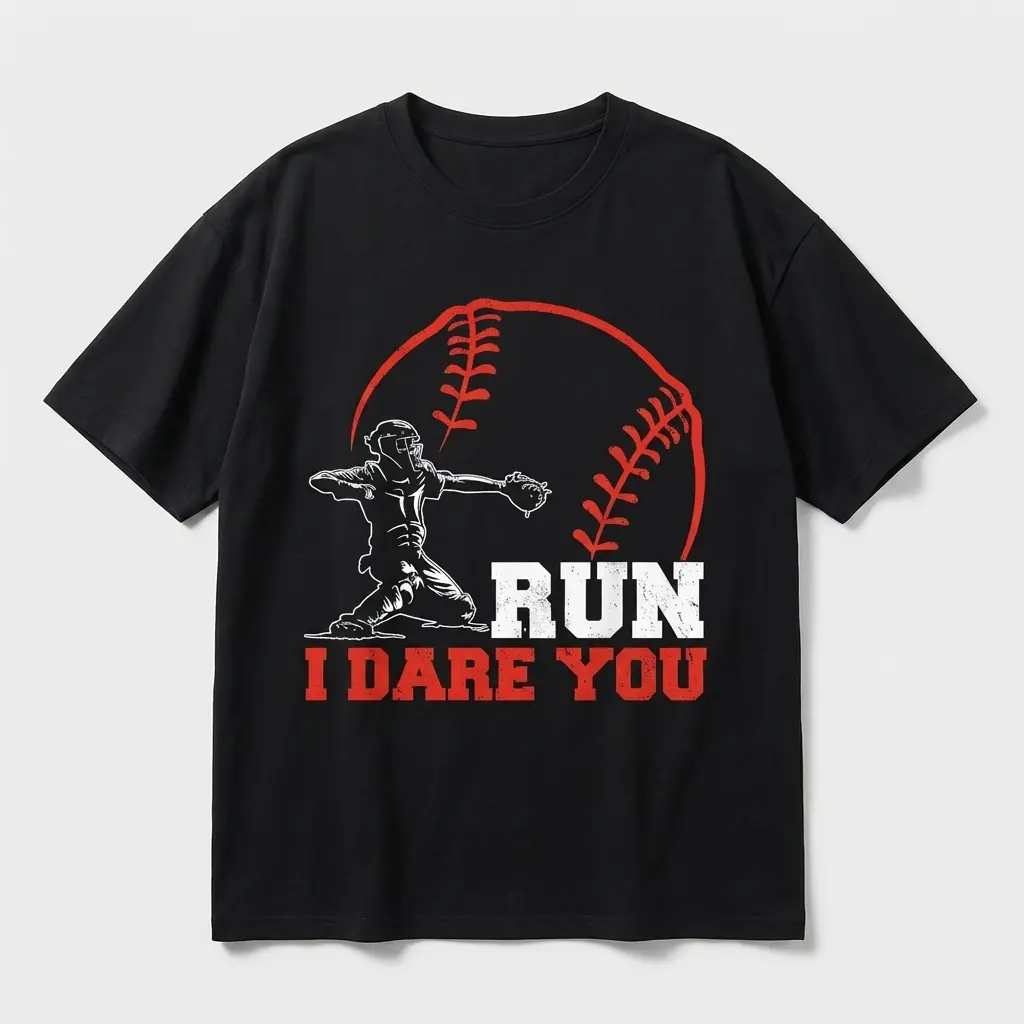 Funny Baseball Catcher Shirt Gift for Him "Run I Dare You" Graphic Tee Black Casual Fashion Apparel