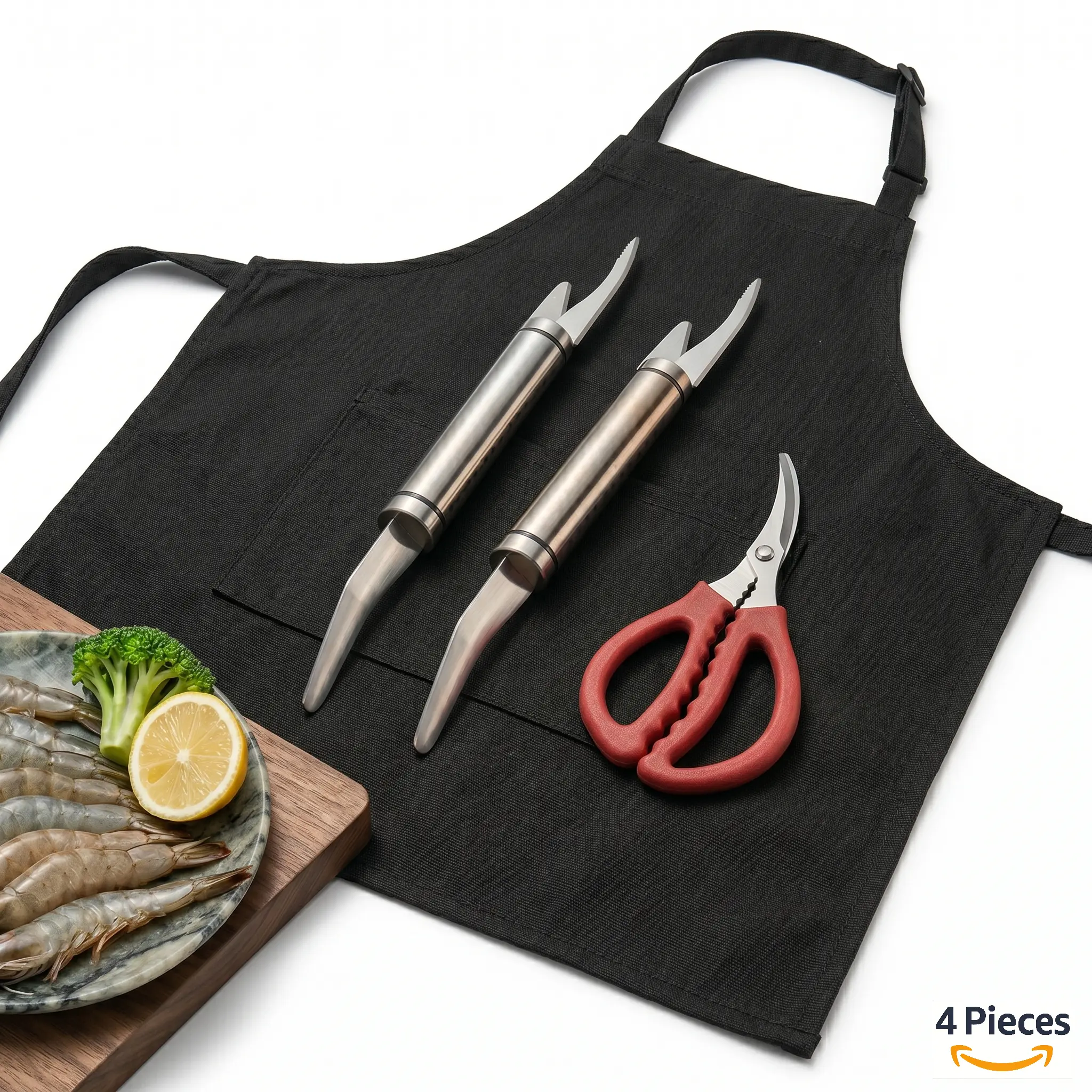 Stainless Steel Seafood Utensils 4PCS Set,5-In-1 Shrimp Deveiners, Crab Shears, Chef's Apron, Peeler, Fish Scale Remover, Duck Intestine Cleaner, Kitchen Cutting Blade Gadget for Home Cooks
