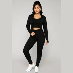 Women's 3-Piece Knitted Long Sleeve Clothing Set - Brown Crop Top with Removable Pad, Zipper Cardigan, High-Waist Leggings, Relaxed Casual Outfit
