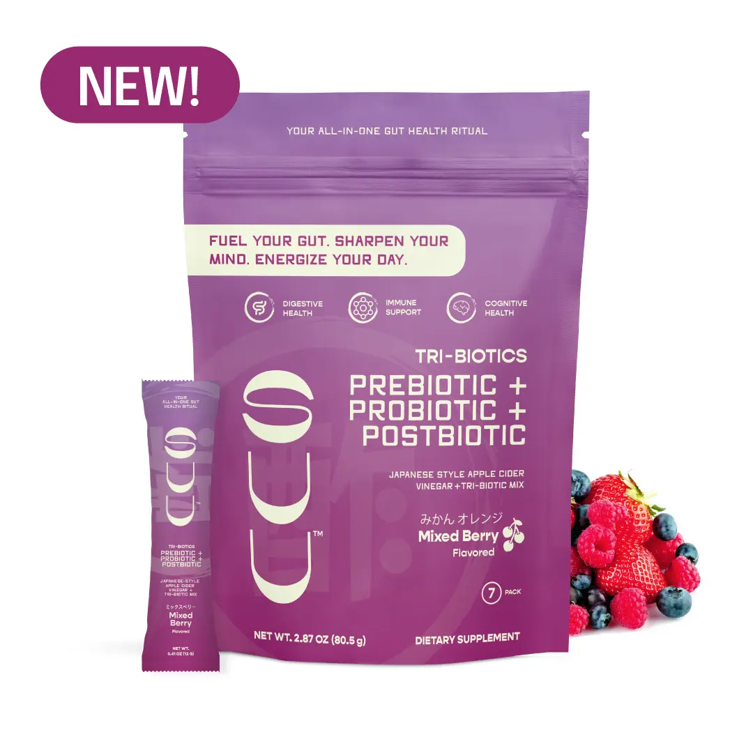 SUU Tri-Biotics Prebiotic Probiotic Postbiotic Mixed Berry 7 Sachets for Digestive Mental Clarity & Vitality Support