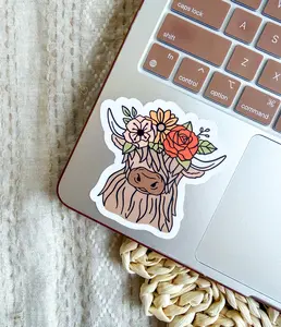 Highland Cow Sticker - Cute Cow Sticker - Flower Highland Cow Sticker - Cow Stickers For Kids - Laptop Sticker - Animal Sticker
