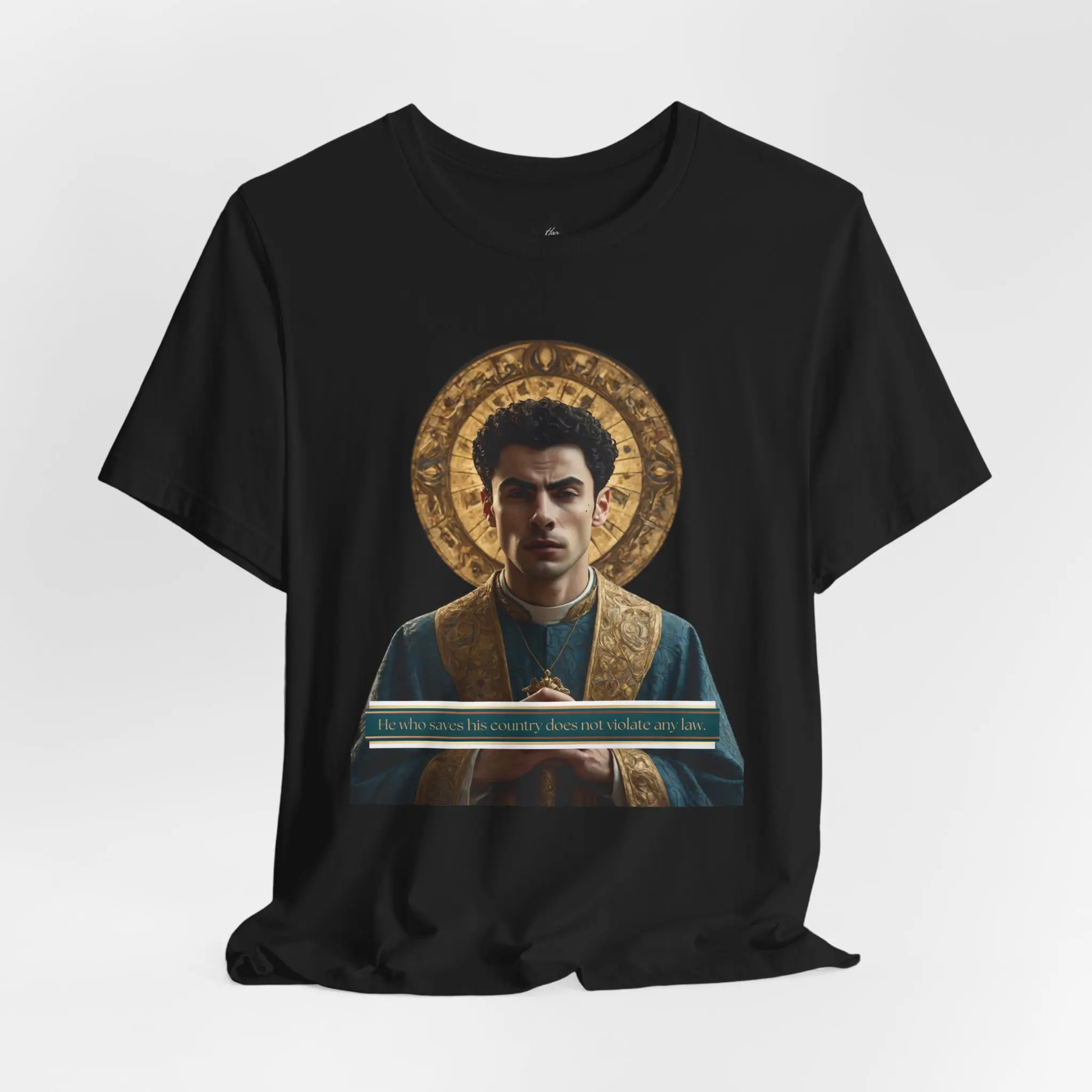Cutout of Saint Luigi Tee with Quote 'He who saves his country does not violate any law' Casual Classic funny  tshirt graphic tee shirts