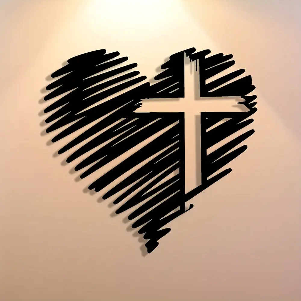 Elegant Heart Cross Metal Plaque, Minimalist Art Design Wall Decor, Stylish Religious Decorations, Cross Decoration, Ideal for Office, Home, Kitchen, Patio, Bar, New House Gift