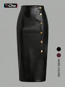 Women's single-breasted slit PU leather skirt, Plain, Classic, casual and comfortable, slim fit, Fitted, high waist design, conforms to the body shape, elastic waistband, sexy A-line midi skirt.