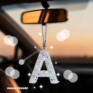 Bling Crystal Car Hanging Ornament Rearview Mirror Decoration Gift for Women, Bling Car Accessory, Girly Car Accessories, Car Accessories, Customizable Letter Charm Pendant, 26 Alphabet Options, Interior Decoration & Keychain Decor