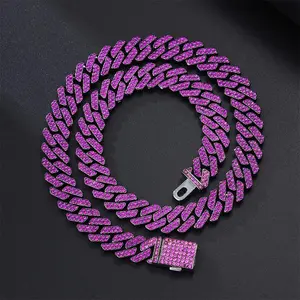 Affordable luxury fashion 12 mm purple full diamond Cuban link necklace
