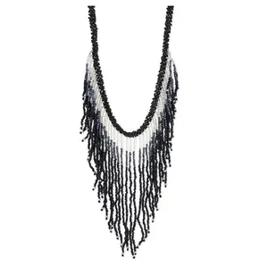 Zad Jewelry 'Isi' Gradient Colors Glass Beads Bib Necklace with Ombre Effect Fringe Look, Black & White, Bib Neckline Costume Accessory