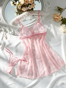 Women's Heart Print Contrast Mesh Sheer Cami Nightdress & Thong Sexy Aesthetic Lingerie Set, Rhinestone Decor Lettuce Trim Ring Linked Teddy Set, Women's Lingerie & Underwear