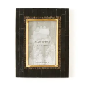 4x6 Black Picture Frame - Hand Carved Horn, Brass Inlay