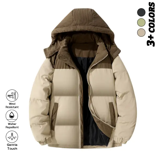 Urban men’s cotton commuter jacket with retro workwear patchwork, waterproof and cold-resistant—handle commuting with one piece. Corduroy jacket with color-block patchwork and padded insulation.