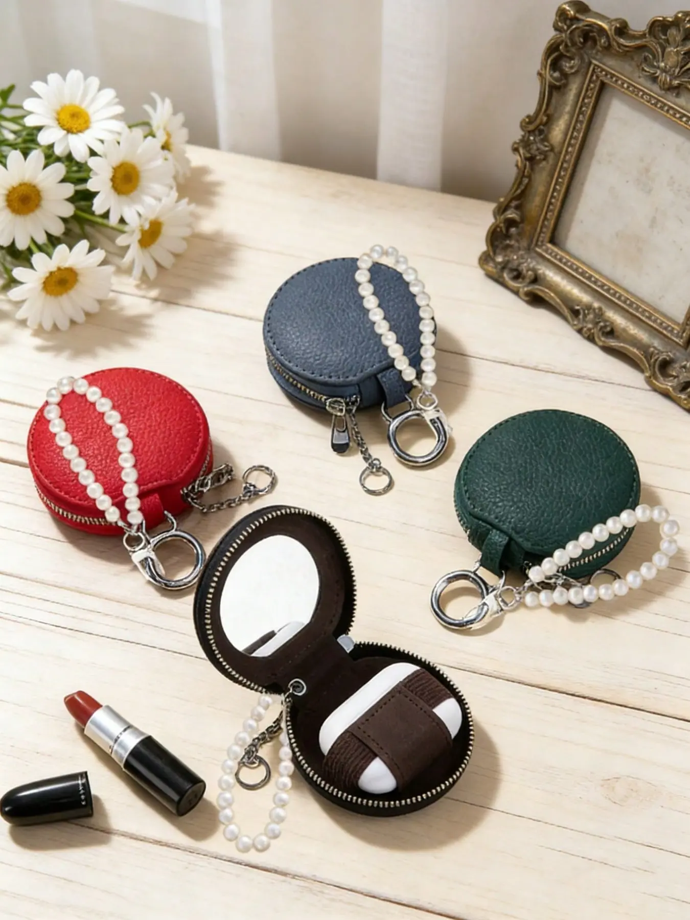 Pearl string keychain wallet, women's mini pearl zipper wristlet | Portable leather coin purse with mirror, coin pouch and round Bluetooth earphone storage bag | Simple key storage hanging bag | Lightweight stylish multifunctional small wallet