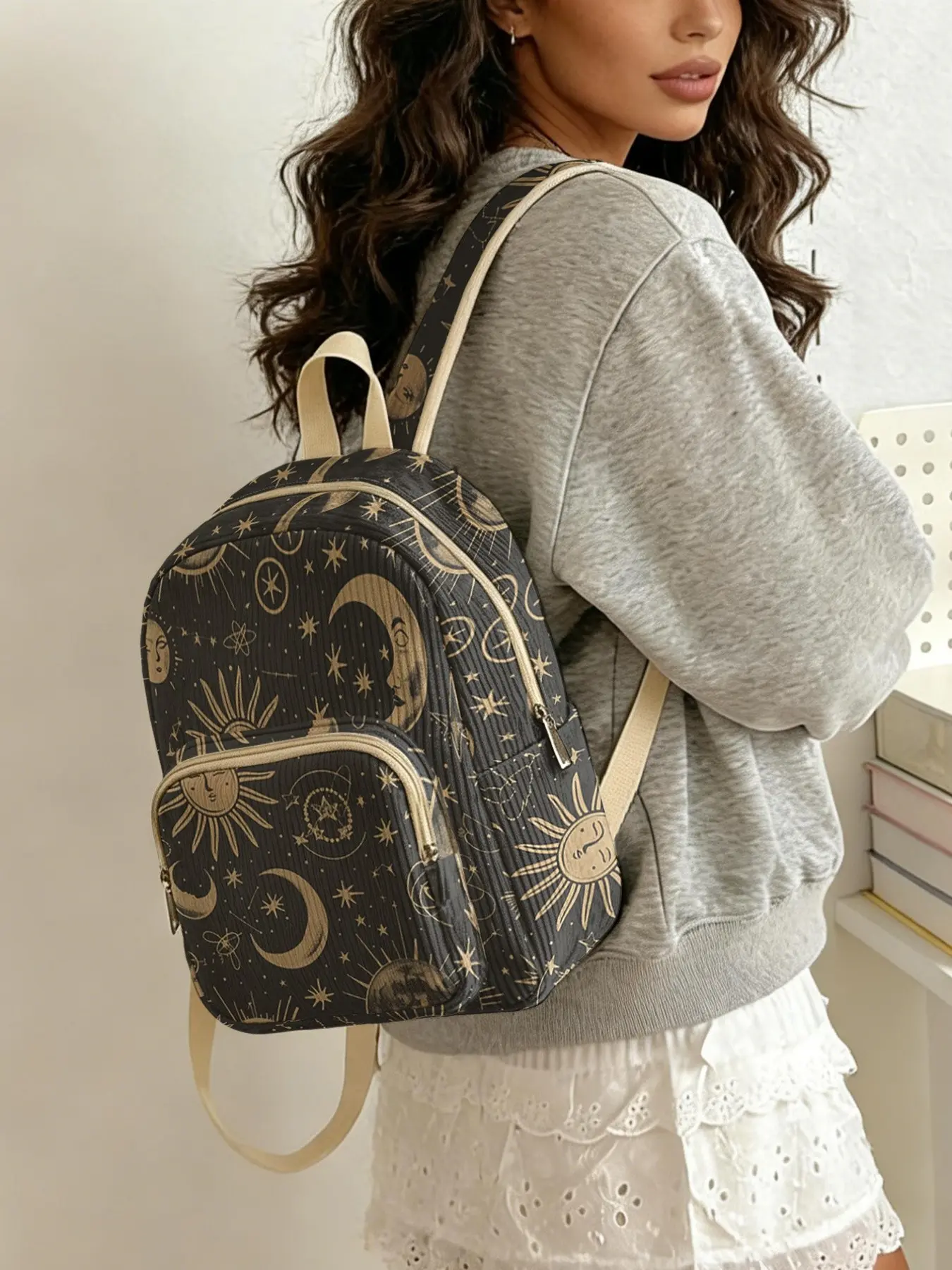 Women's Sun Star Moon Pattern Backpack, Casual Style, Lightweight Layered Storage, Ideal for School, Shopping, Short Trips