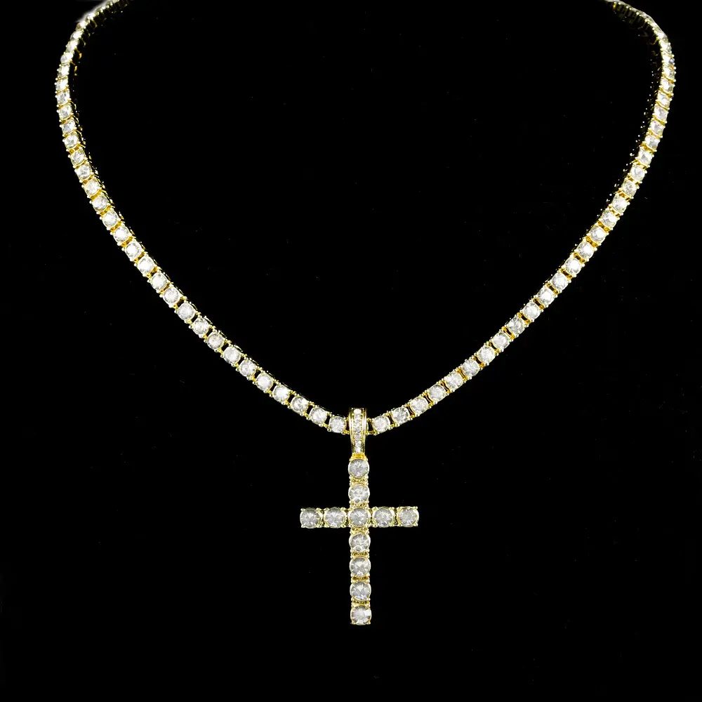 Cross necklace pendant with full diamonds, 4mm tennis chain, trendy men's personalized accessories color