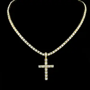 Cross necklace pendant with full diamonds, 4mm tennis chain, trendy men's personalized accessories color