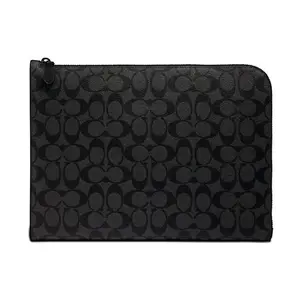 COACH L-Zip 33 Monogram Coated Canvas and Calfskin Laptop Bag for Men, Zippered Document Folder Clutch in Charcoal Black