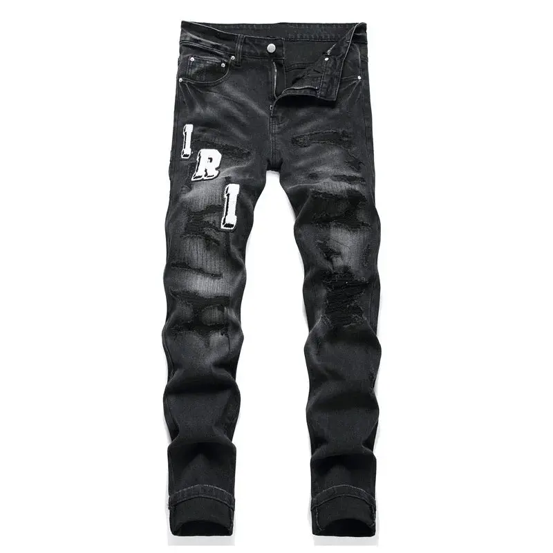 Men's  black jeans with ripped holes, stretch slim fit,