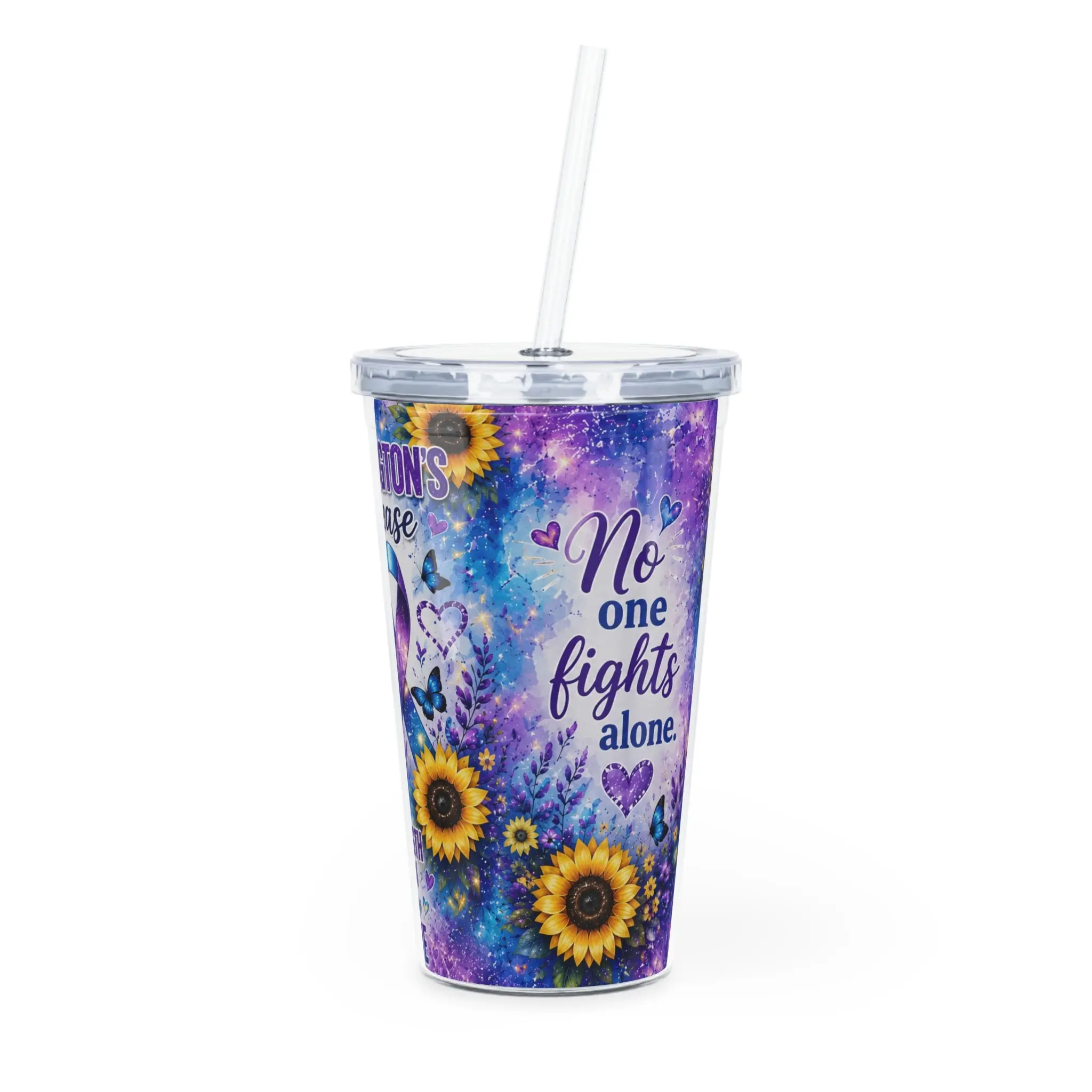 Huntington's Disease Awareness Tumbler with Straw – "No One Fights Alone" Sunflower Ribbon Design