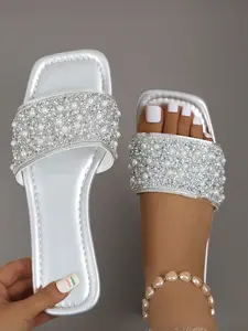 Elegant Rhinestone Pearl Slippers for Women, Summer Outdoor Square Toe Sandals, Luxurious Lady Style Versatile Trendsetter Shoes