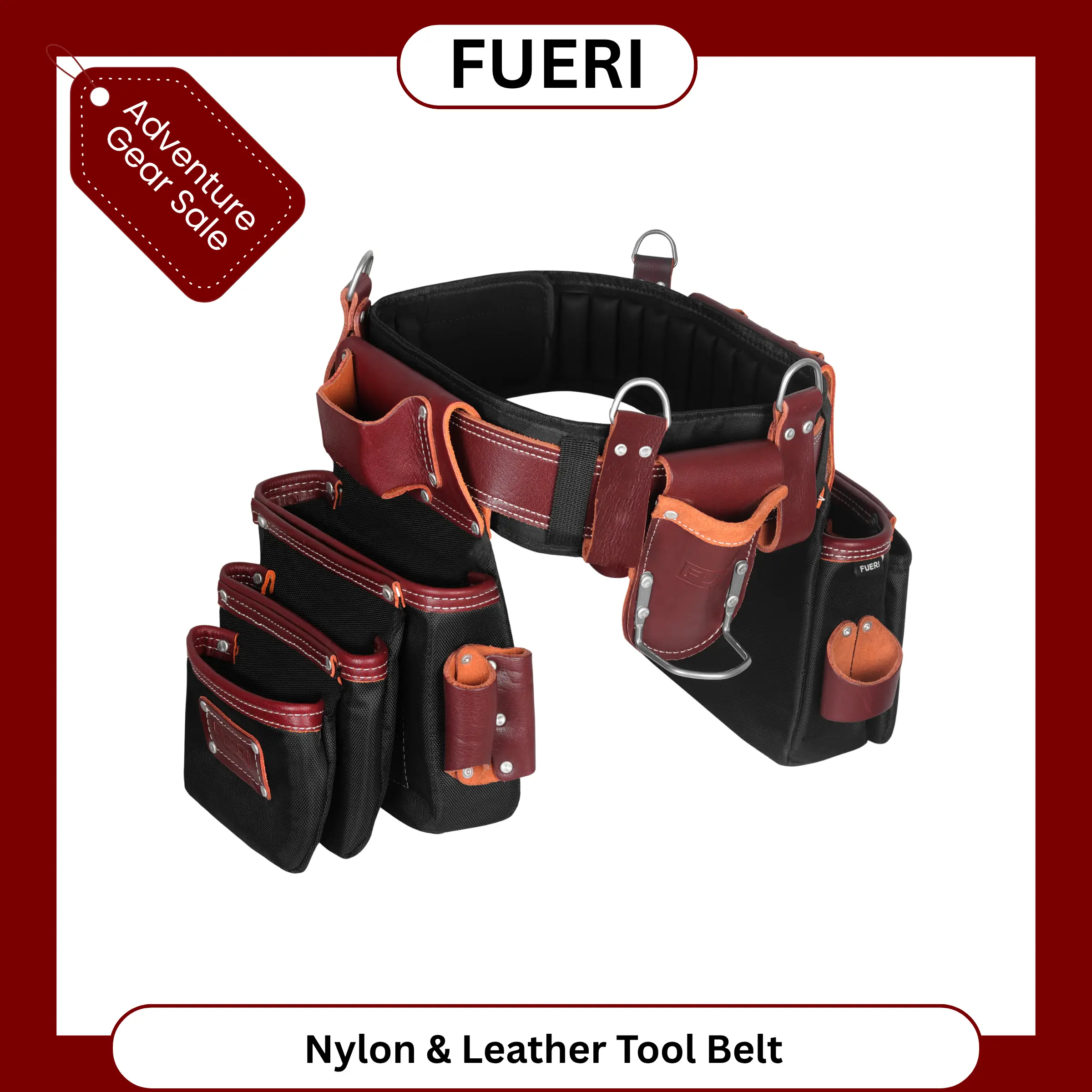 FUERI Tool Belt for Men, Heavy Duty Nylon and Leather 26 Pockets Maroon and Black comes with Comfort Padded Belt,Spacious Pouches,Hammer Holder and Suspender Loops for Carpenter Construction Electrician