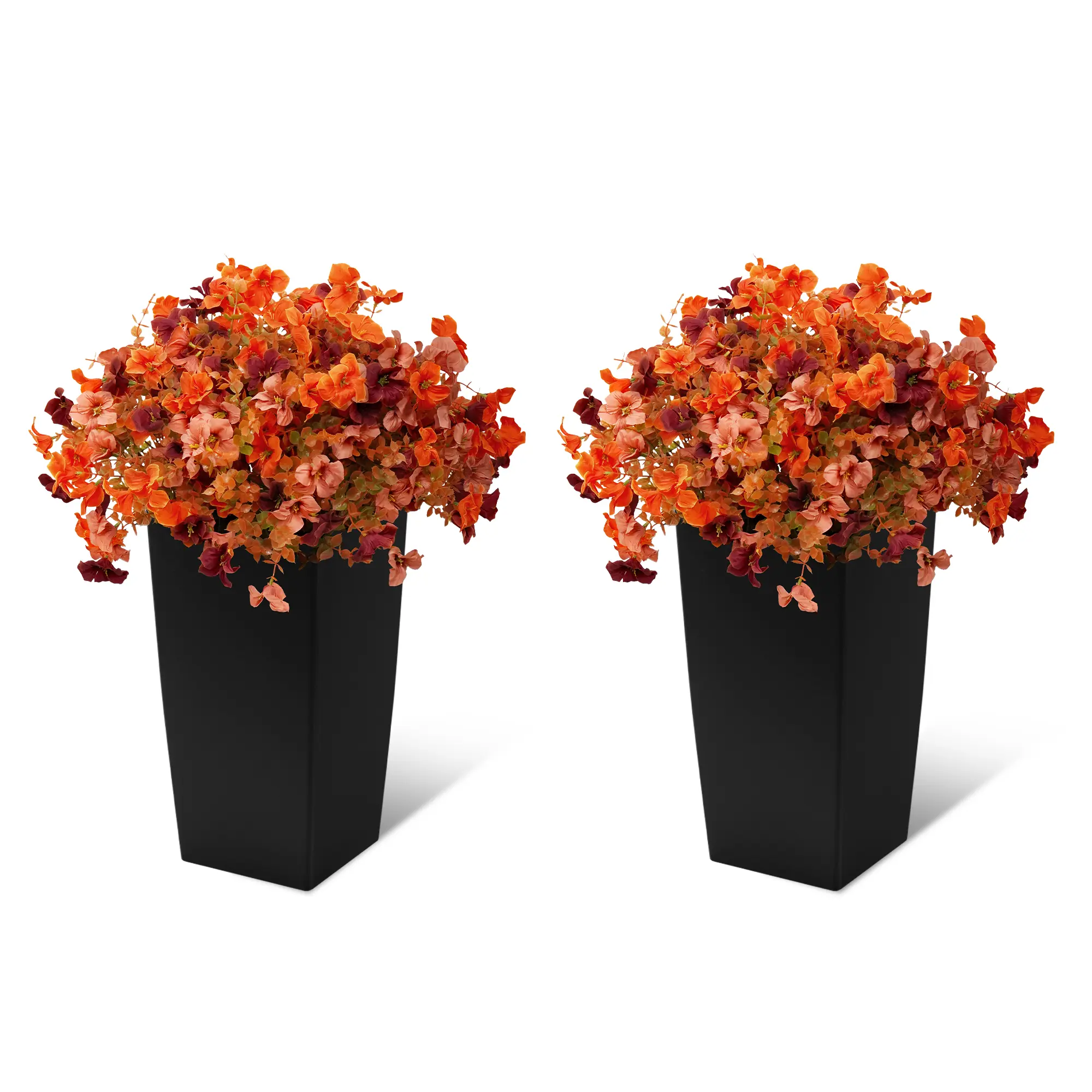 Set of 2 Artificial Fall Flowers in Black Planters,Faux Autumn Floral Arrangements for Front Porch, Entryway, Staircase Decor, No Watering Fake Potted Plants