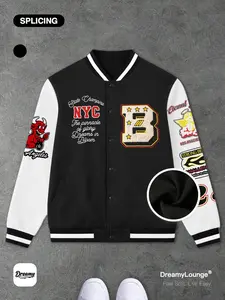 Street Style Baseball Jacket with Letter and Devil Elements, Casual Loose-Fit Graphic Top, Breathable and Warm for Outdoor or Home Wear