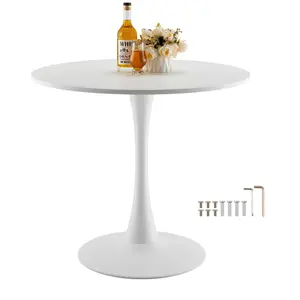 【FathersDayGift】VEVOR Round Dining Table, 31.5 in Wood Table for 2-4 Person, Modern Circle Furniture, Leisure Coffee Office Tables with Pedestal Base in Tulip Design, for Home Kitchen Living Room, White(Only Table)