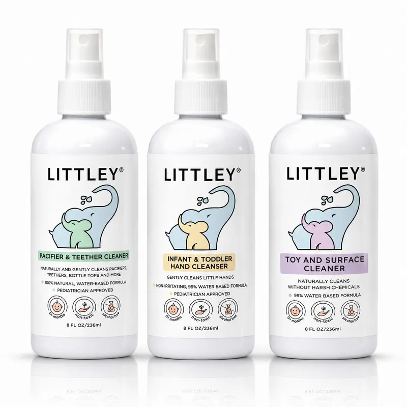 Littley full-size 8oz starter pack | hand cleanser, toy & surface cleaner, pacifier & teether cleaner | baby essentials 3-pack