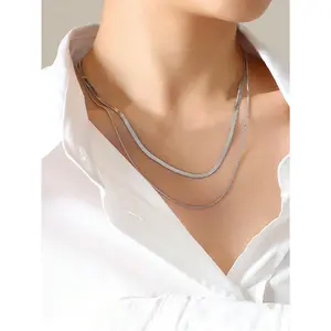 1pc Minimalist Instagram Style Flat Snake Bone Chain Multi-layer Necklace, Women's Stainless Steel Jewelry Accessories, Birthday Gifts
