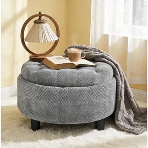 25Inch Round Storage Ottoman with Tray, Modern Tufted Fabric Circle Coffee Table with Storage, Upholstered Ottoman with Removable Top for Living Room, Bedroom, Light Grey