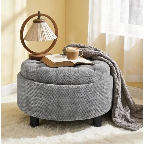25Inch Round Storage Ottoman with Tray, Modern Tufted Fabric Circle Coffee Table with Storage, Upholstered Ottoman with Removable Top for Living Room, Bedroom, Light Grey