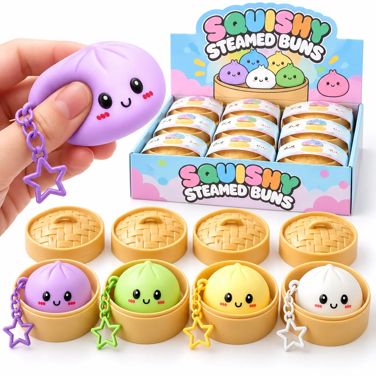 1 Unit of Squishy Bao Dumpling Kawaii Keychain with Light - Soft Silicone Squeeze Toy with Steam Basket and Star Charm