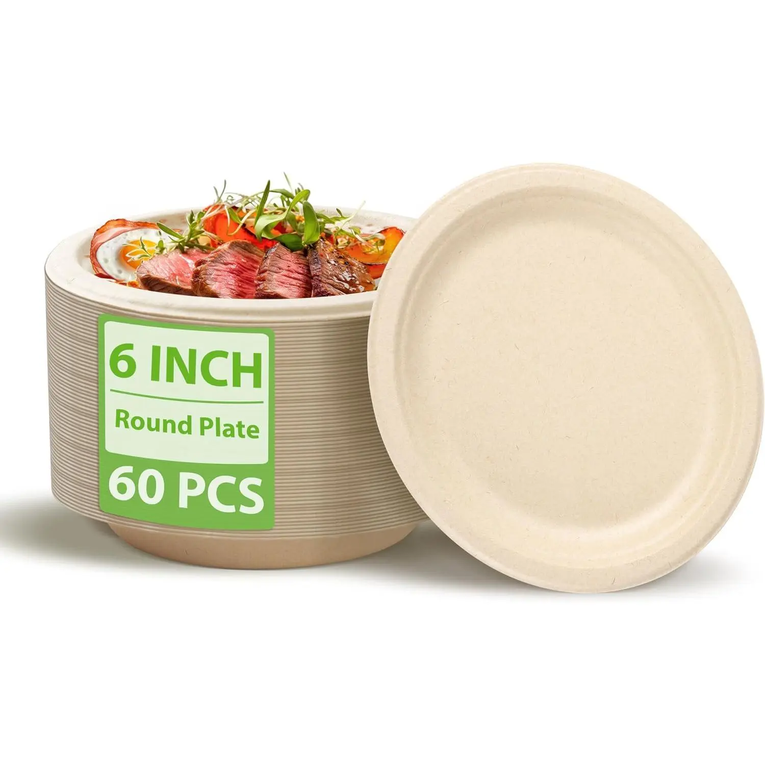 6-Inch 60-Pack Heavy-Duty Round Shape Disposable Plates, Sugarcane Fiber Pulp Material, 100% Biodegradable Compostable Tableware for Parties, Noodle, Snacks