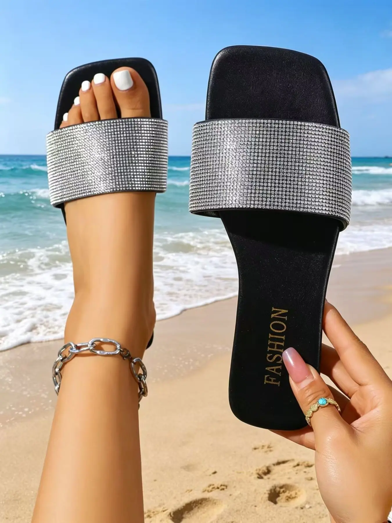 New Women's Sparkly Rhinestone Slide Sandals, Silver Color Glitter Square Toe Flat Slippers, Comfortable Non-Slip Summer Shoes for Party, Beach, Vacation Footwear For Beach
