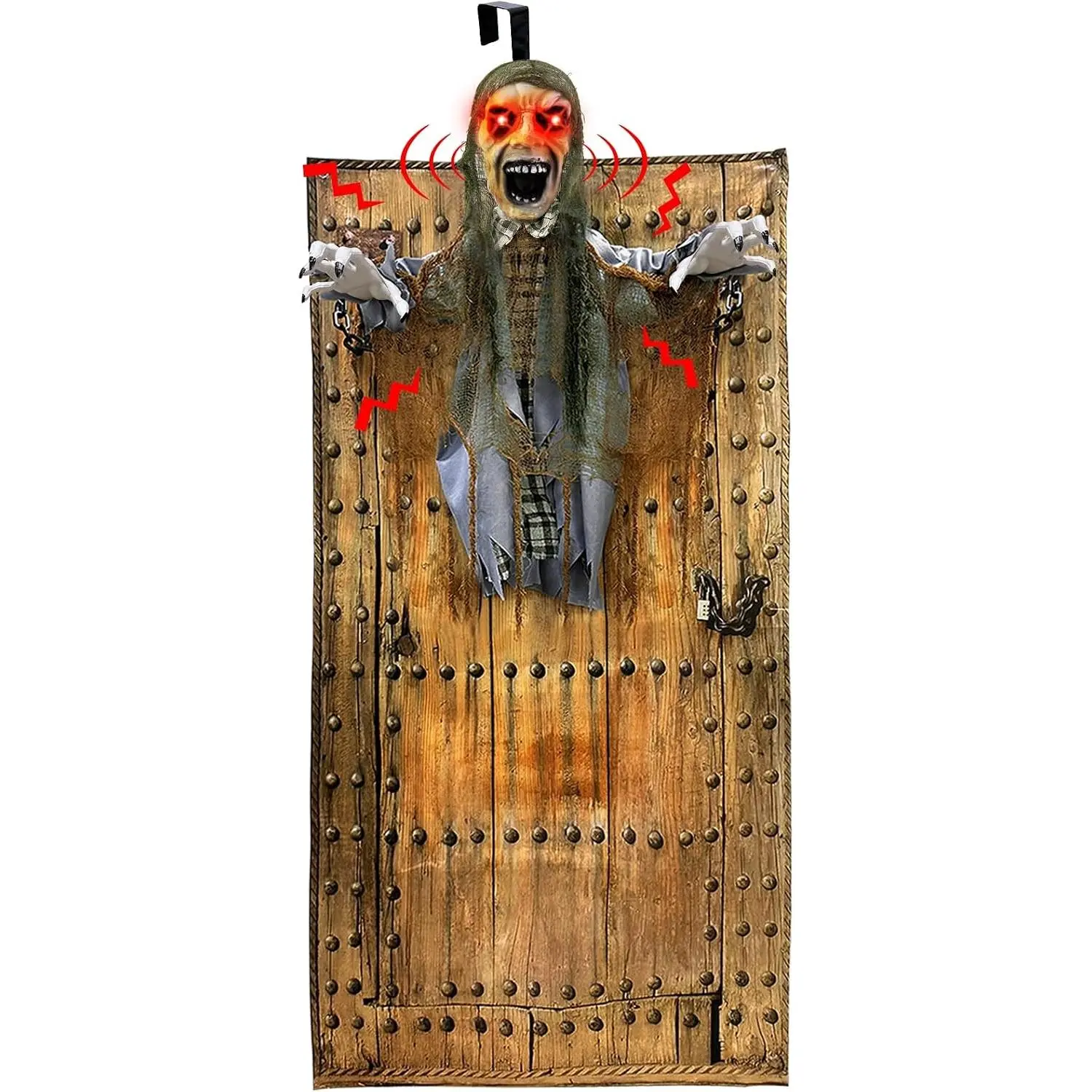 76'' Halloween Outdoor Decorations Animatronic Zombie Ghost with Red Eye | Hanging Door Design, Shake Effect, Creepy Sound Activated Halloween Posable Haunted House Prop for Front Door Decor