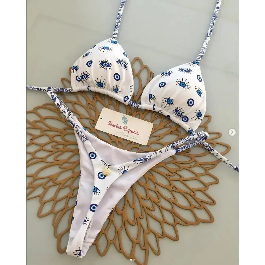 Women's 2-Piece Bikini Set with Playful Print, Halter Lace-Up Top and Thong Bottoms, Quick-Drying Polyester Swimsuit for Beach Sports
