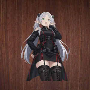 Frieren Tactical Anime Girl Sticker, White Hair Elf in Black Dress Gear, Straps & Chains, Dominant Aesthetic