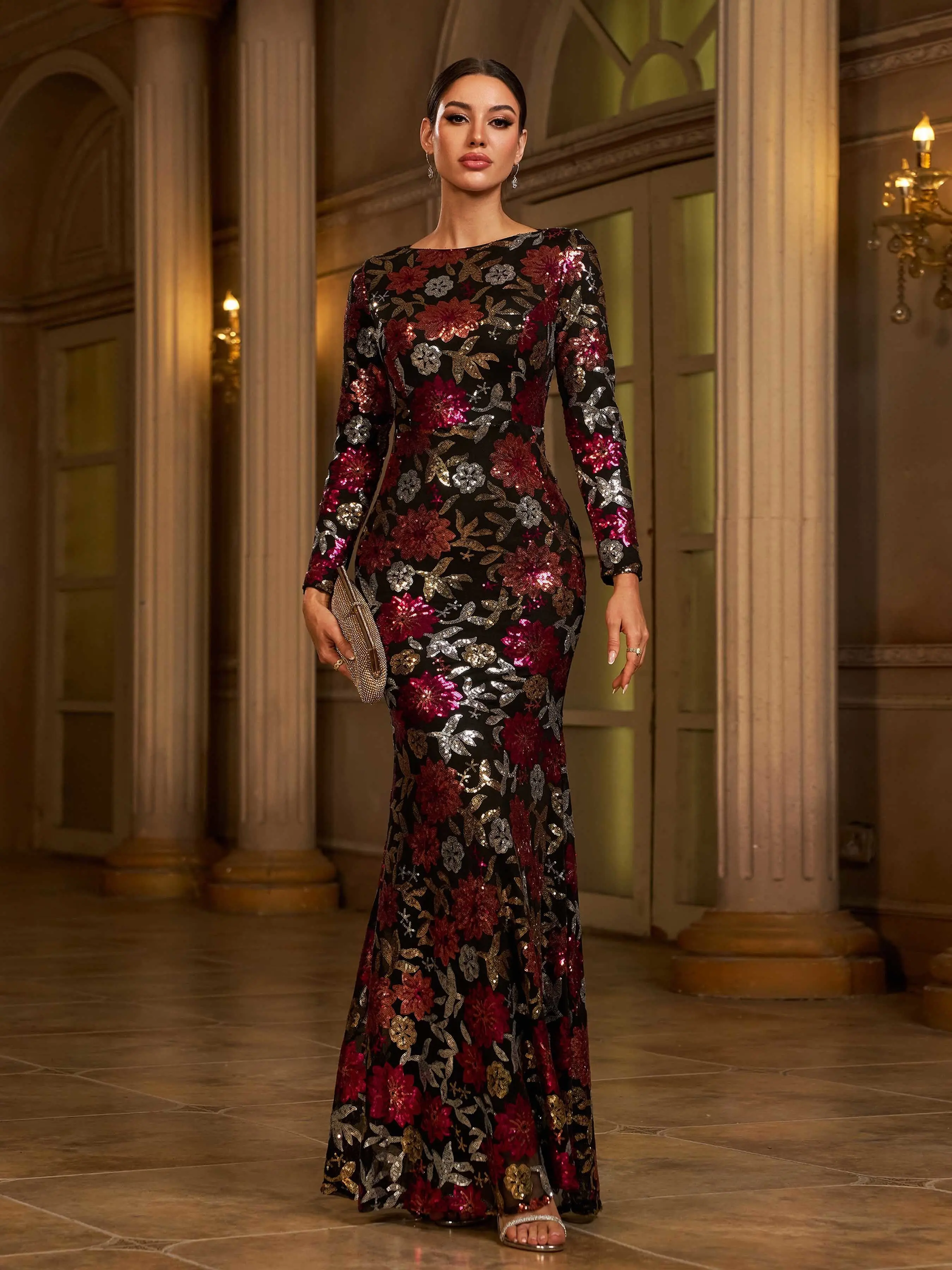 grey evening dress long sleeve Ever-Pretty Elegant Ruffle Sleeves Maxi Sequin Mother of the Bride & Groom Dress