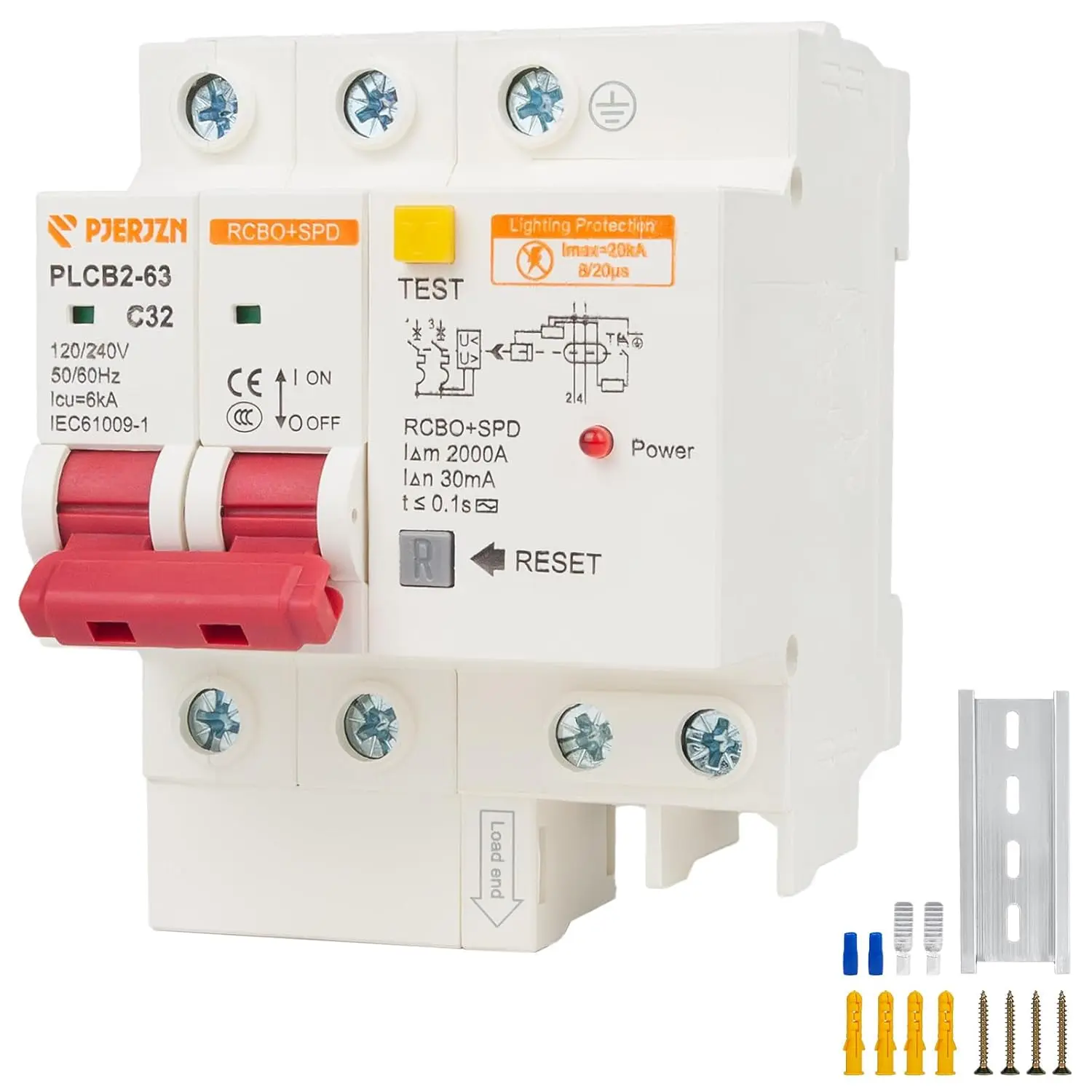 2-Pole Ground Fault Circuit Breaker 120/240VAC with Surge Protection DIN Rail Mount Residual Current Circuit Breaker for Home and Industrial (25 Amp)