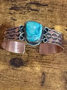 Navajo Inspired Copper Turquoise Cuff Bracelet Signed by Jackie Cleveland