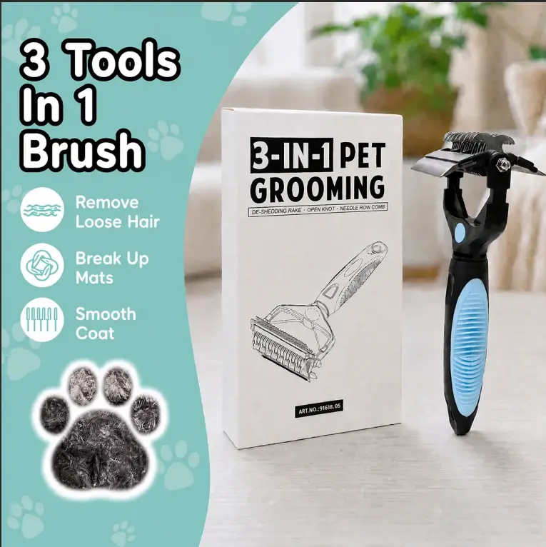 3-in-1 Universal Deshedding Grooming Rake for Dogs & Cats, Pet Hair Removal Tool for Loose Hair, Undercoat, Mats & Tangles, Reduces Shedding