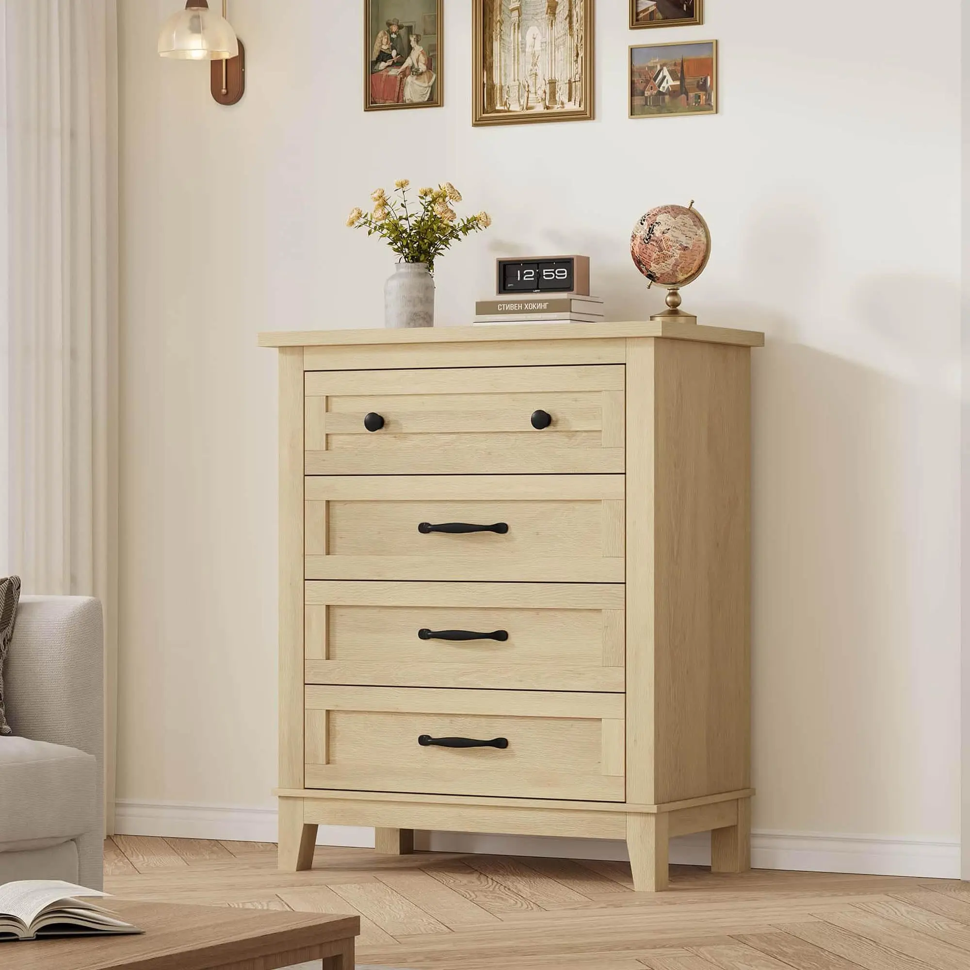 OP-4-Drawer Dresser for Bedroom, 34.8" Tall Vertical Wooden Dresser with Large Storage, Freestanding Closet Chest for Living Room, Bedroom Organizer