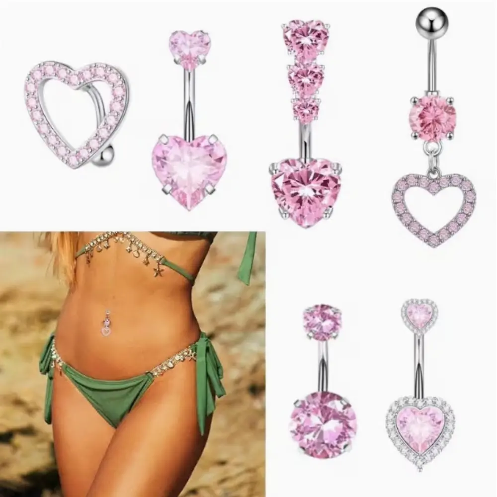 [Heart Belly Button Rings] 6pcs Stainless Steel Belly Button Rings Set | Pink Heart Shaped Navel Belly Rings Piercing Barbell Body Jewelry summerwins