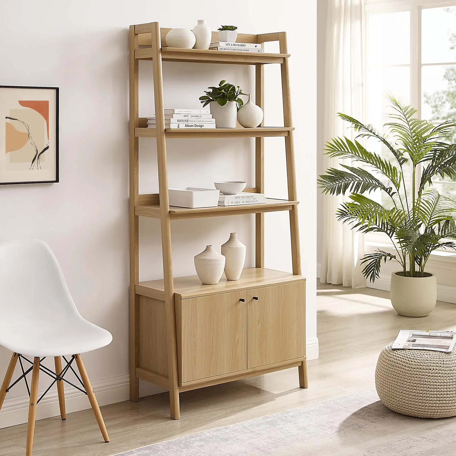 Modway Bixby 33" Wood Grain Bookshelf, Oak Indoor Furniture with Concealed Storage for Organizing & Storage Needs
