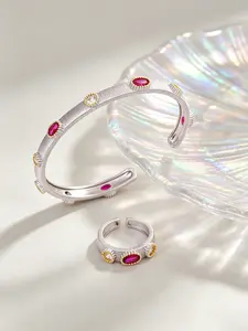 2 Pcs French Retro Luxury Style, Color-Block Zircon Prong Setting, Adjustable Open Cuff & Ring Set, Elegant Jewelry for Women, Wedding & Holiday Gift